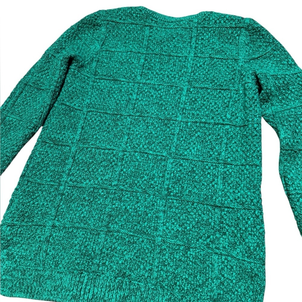 Lands’ End Women’s Green Grid Knit Crewneck Sweater Size Medium Cotton Wool - Picture 5 of 7